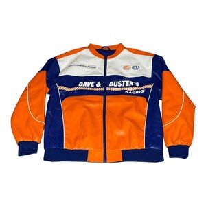 Dave & Busters Racing Leather Jacket Mens (L) Orange Blue White Full Zip Bomber